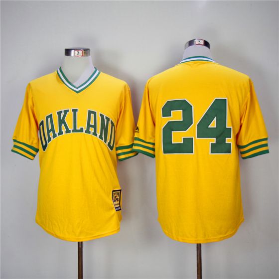 Men Oakland Athletics 24 Rickey Henderson Yellow 1981 Game Throwback MLB Jerseys